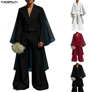 ชุดสูทสั้นไม่มีคอปกและกางเกงบานสำหรับผู้ชาย ทำจากผ้าชีฟอง