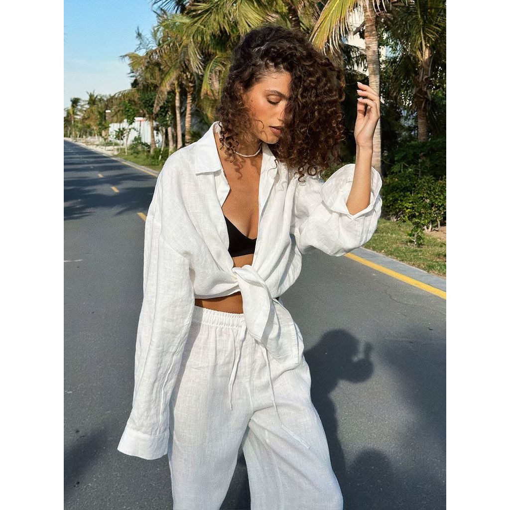 Imoveชุดเสื้อและกางเกงผ้าฝ้ายสําหรับผู้หญิงสไตล์ยุโรปชุดเสื้อแขนยาวหลวม