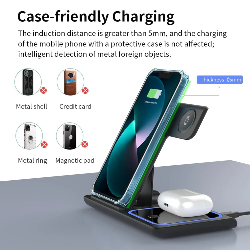 Fast Wireless Charger Stand 3 ใน 1 สถานีชาร์จแบบพับได้สําหรับ iPhone ซีรี่ส์ไอโฟน Apple Watch 9 8 7 6 5 Airpods Pro - รูปที่ 4