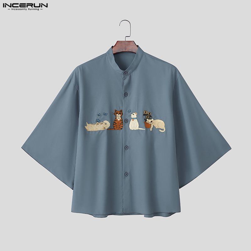 เสื้อเชิ๊ตชาย สไตล์เกาหลีวินเทจ แขน3/4 มีการประดิดประดอยลายสัตว์และปุ่มสวยงาม - รูปที่ 5