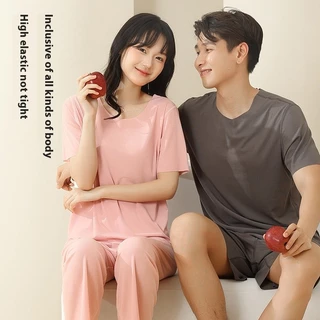 TLHGQ ชุดนอนนุ่มสบายสำหรับทั้งผู้ชายและผู้หญิง ทำจากผ้าไหมน้ำแข็ง น้ำหนักเบา แขนสั้นคอกลม
