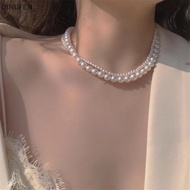 ONU ใหม่ Elegant Pearl Beaded Choker สร้อยคอสุภาพสตรีประณีต Double Layer Clavicle Chain สร้อยคอเครื่