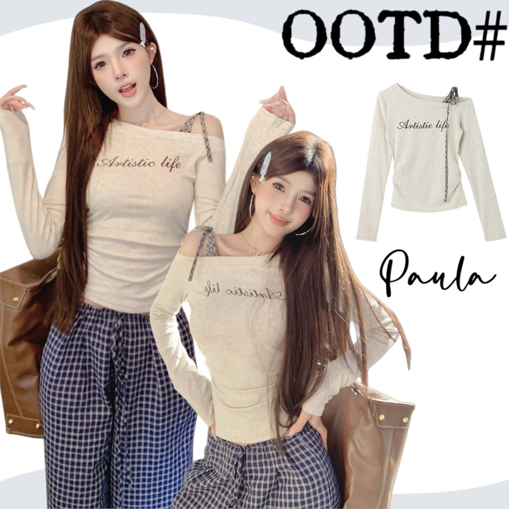 Paula พร้อมส่ง🌴เสื้อแขนยาวผู้หญิง🌴Y2Kเกาหลีเสื้อปาดไหลข้างเดียวดีไซน์เชื่อกผูกไหล่ เสื้อครอปรัดรูปสีเทา แฟชั่นเกาหลี