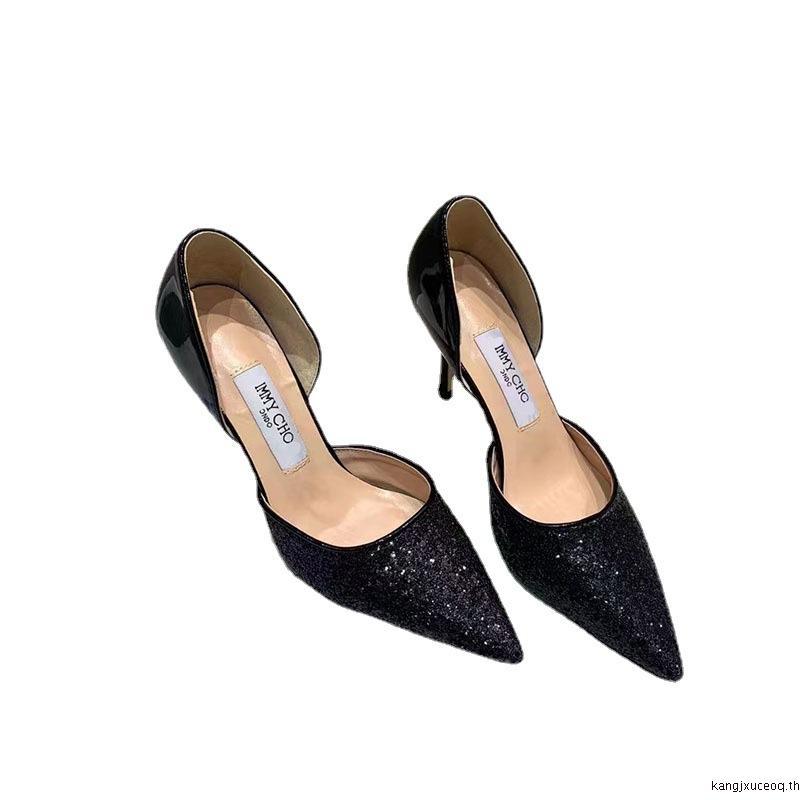 Jimmy CHOO Sequined Hollow Casual Pointed Toe รองเท้าผู้หญิง Stiletto รองเท้าส้นสูง 7 ซม.