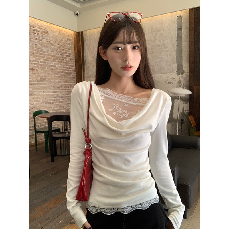 Lacoco คลังสินค้าพร้อม เสื้อยืดคอกลมแขนยาวแต่งระบายลูกไม้สำหรับผู้หญิง เสื้อเปิดไหล่ฤดูใบไม้ร่วงและฤดูหนาว ราคา ถูกที่สุด ดีลบีเคเค แกลเลอรีภาพที่ 8