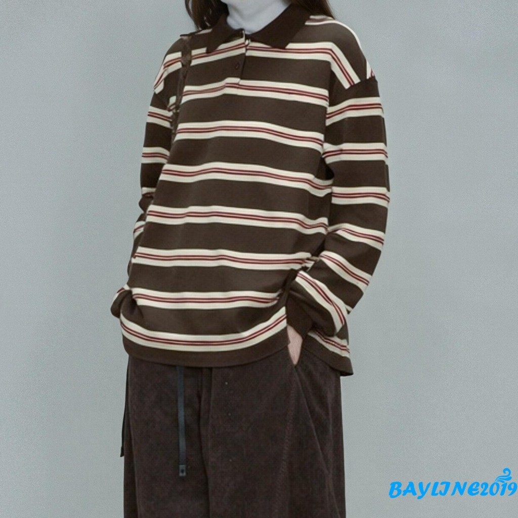 Bay-Womens Rugby เสื้อยืดแขนยาว V-Neck ลายพิมพ์ สไตล์สบายๆ เหมาะสำหรับฤดูใบไม้ผลิกับฤดูใบไม้ร่วง