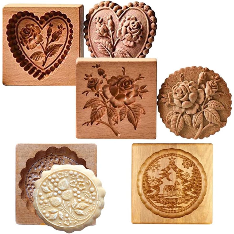 4Pcs Wooden Cookie Biscuit Mold Cookie Cutters - 3D Baking Mold Funny Embossing Craft Decorating Too