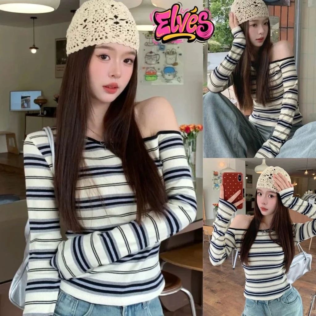 Elves พร้อม💟 เสื้อเปิดไหล่แขนยาว น่ารักมากๆ ลายทางสีครีมยืดใส่ง่าย เที่ยวทำงานสบาย เสื้อแขนยาว" FY6950"