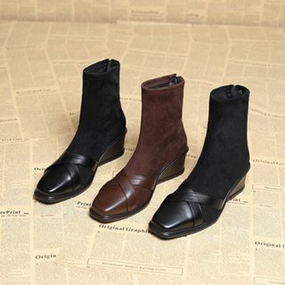 รองเท้าบูทสั้นผู้หญิง สเคว어โทะ ส้นหนามีซิปกันลื่น ดีไซน์แฟชั…