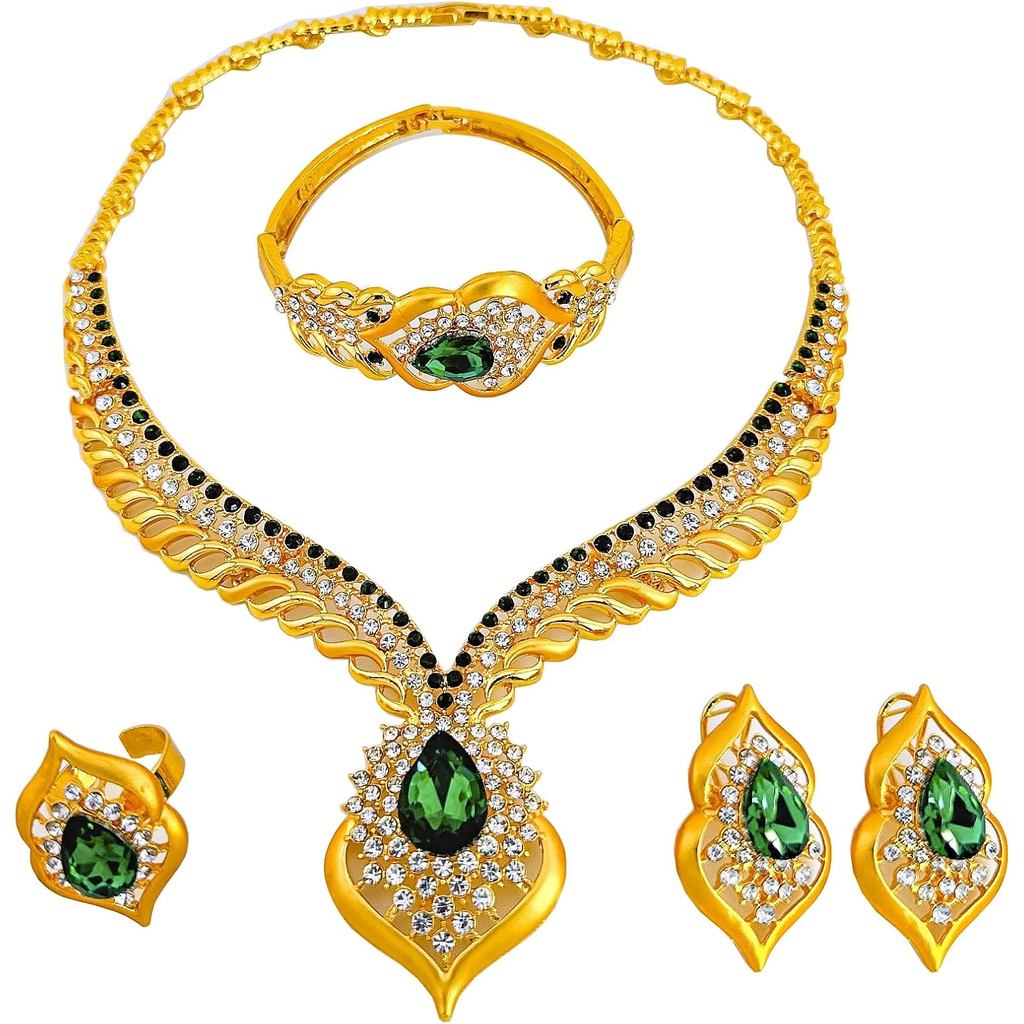 Gold Jewelry Sets for Women,Dubai Statement Necklaces Gold Bracelets Open Hoop Earrings Ring Fashion