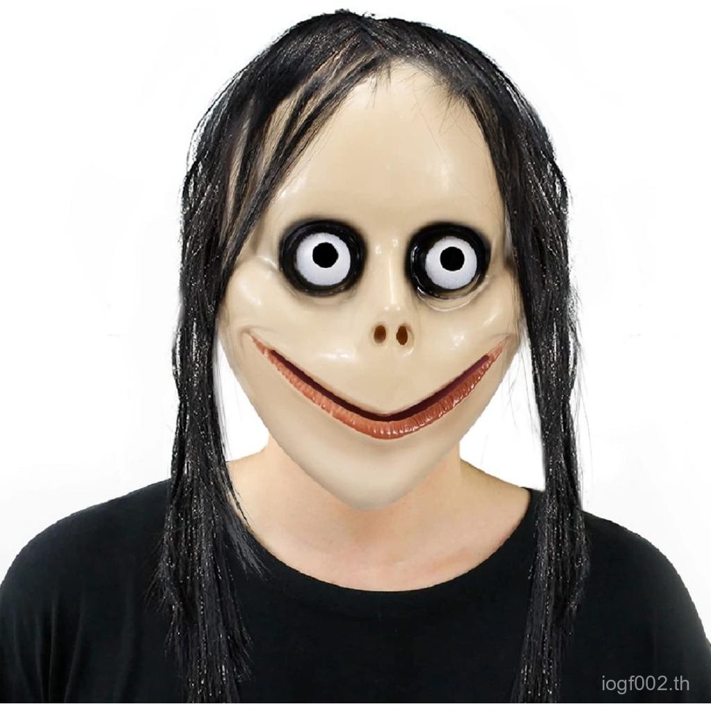 หน้ากากเครื่องแต่งกายฮาโลวีนหน้ากากคอสเพลย์ โมโม่ น่ากลัวกับผมยาวเครื่องแต่งกายตัวตลกหน้ากากน่ากลัวส
