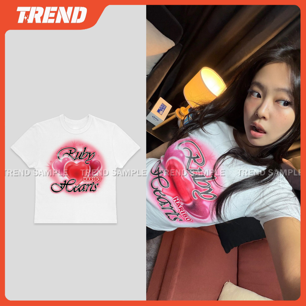 KPOP BLACKPINK Jennie x Haribo Merch Cotton Crop Tee แขนสั้น ผ้ายืดเนื้อนุ่ม สำหรับทุกเพศ
