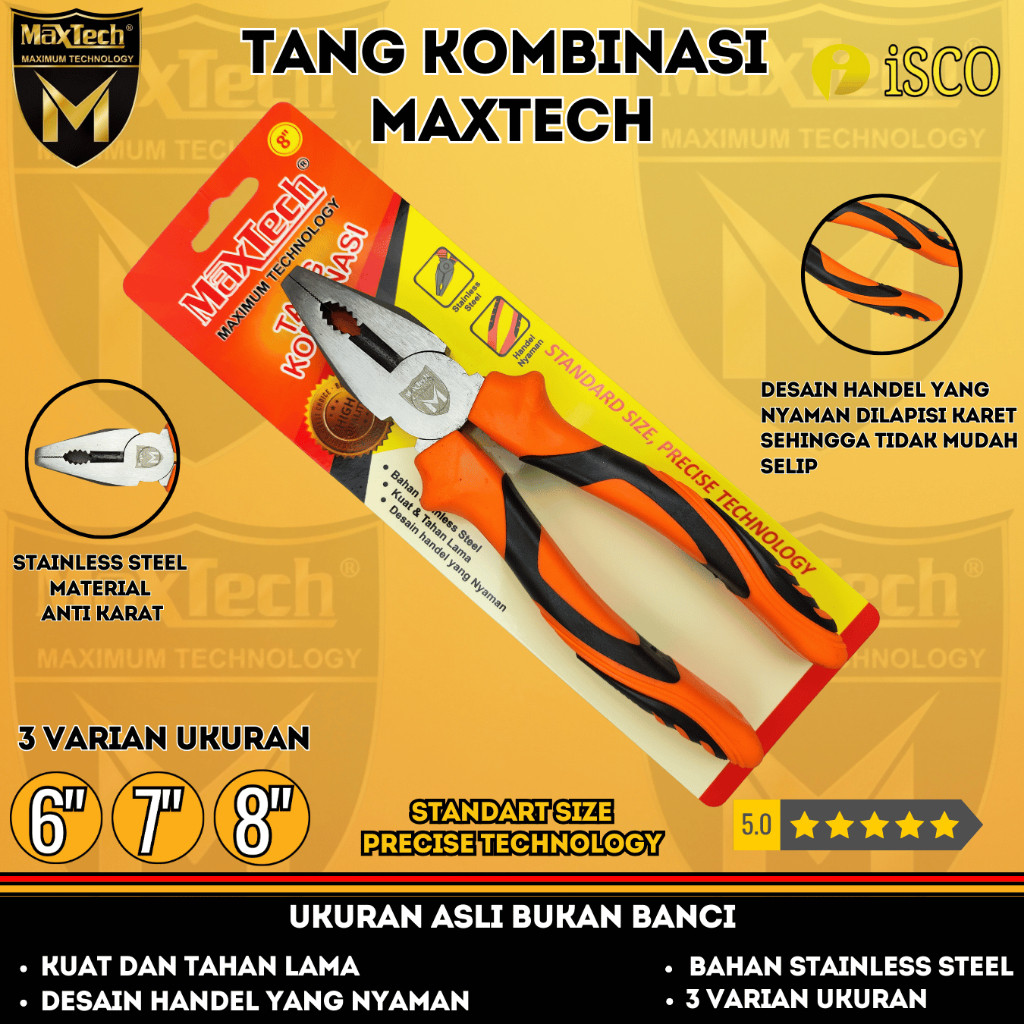 Maxtech 6" 7" 8" Stainless Steel Combine Pliers Rubber Handle isco Vanadium