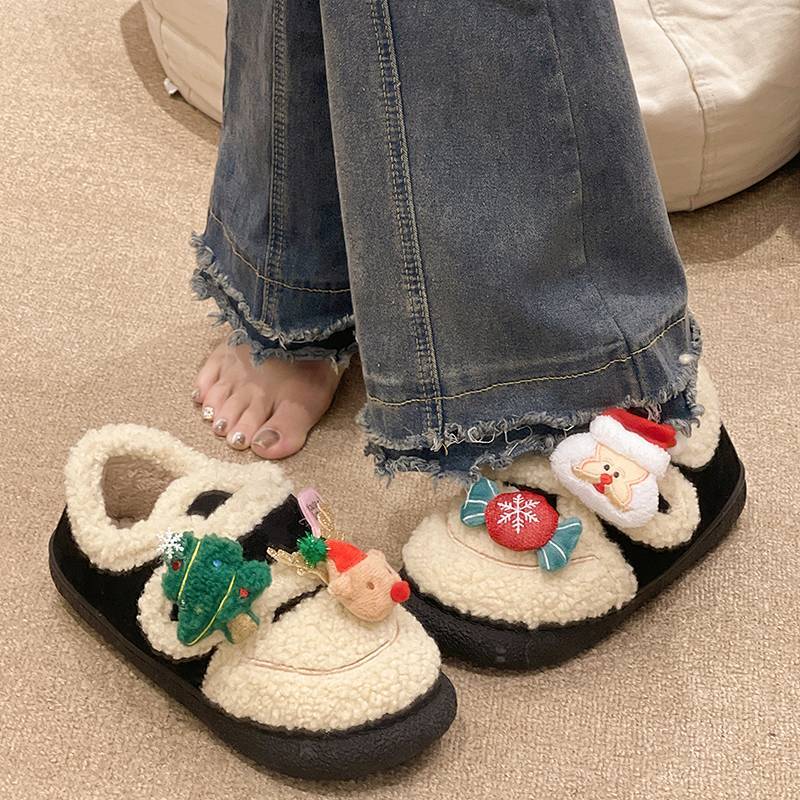 Velcro Cotton Slippers Women's Winter Home Wear Cute Santa Claus plus Velvet h8KK