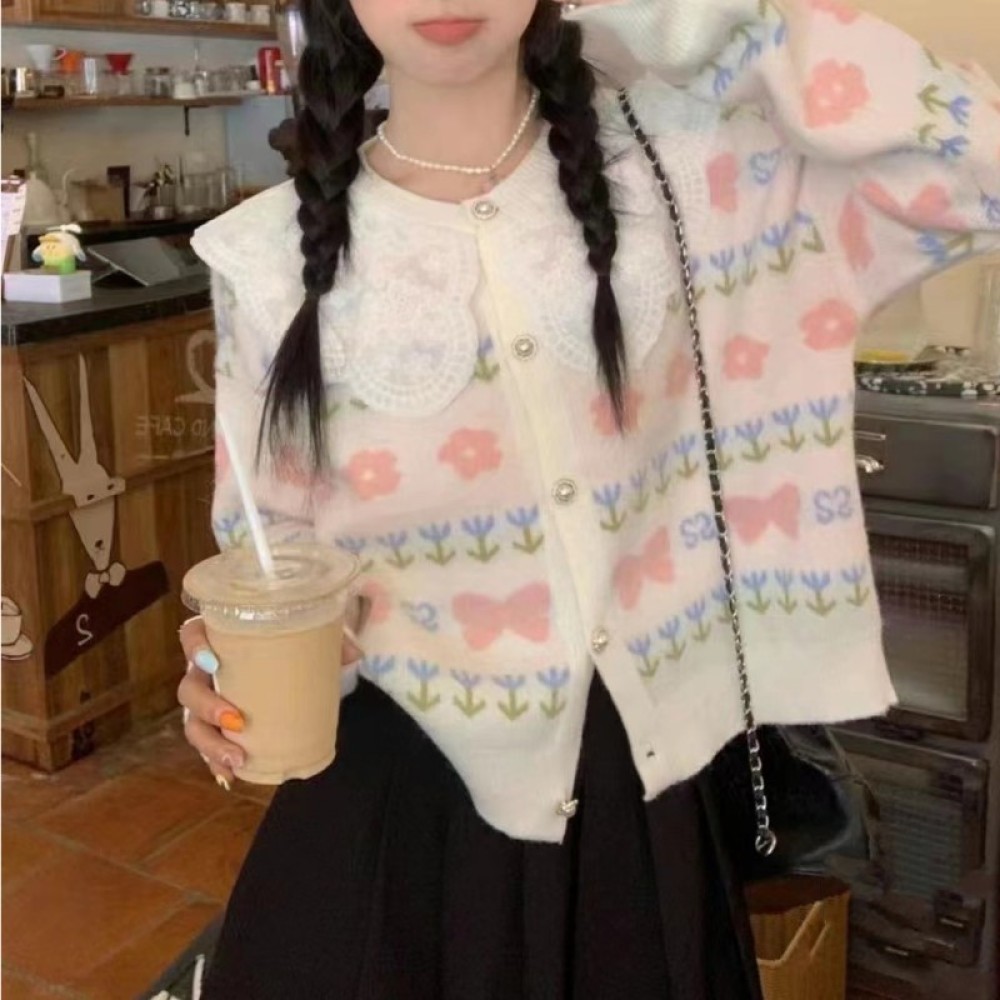 เสื้อแจ็กเก็ตกันหนาว แขนยาว คอตุ๊กตา ผ้าถัก แต่งลูกไม้ สําหรับผู้หญิง ✨Lzboi-19.th✨