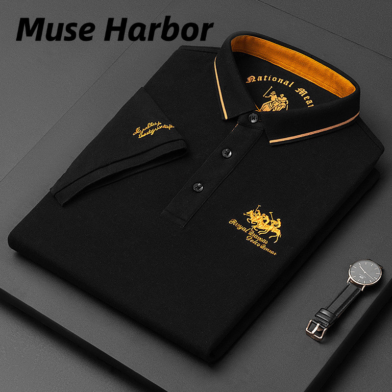 Muse Harbor Men's Summer Embroidered Polo Shirt Men's Short Sleeve T-Shirt, Black Shirt, Polo Shirt 