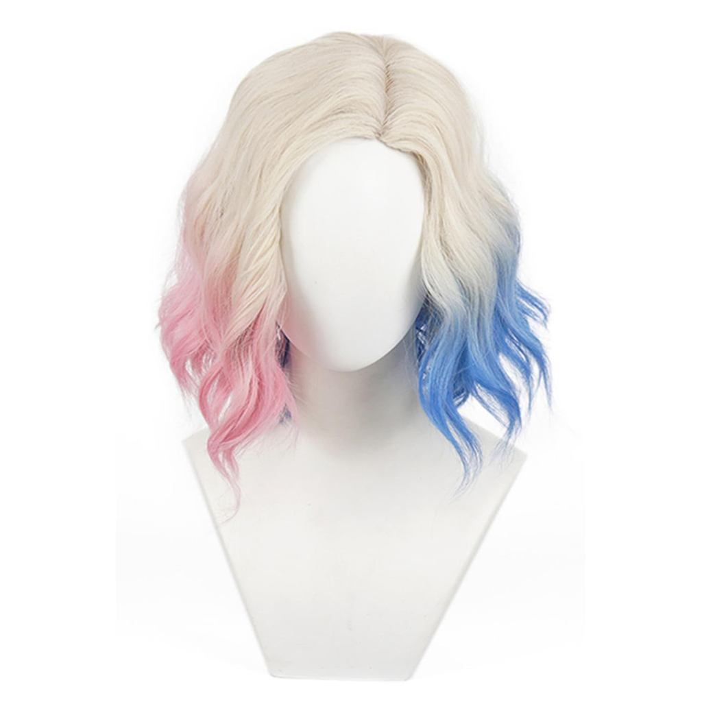 Blonde Short Wave Curly Enid Wigs with Pink Blue Hair Modern Anime Cosplay Wig Side Parted