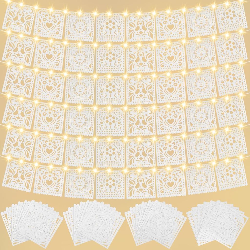 6 Pack White Papel Picado Banner with LED String Light Cielito Lindo Backdrop Decorations Mexican Pa