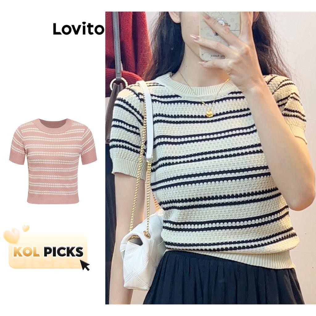 (KOL‘s pick) Lovito เสื้อถัก คอกลม ลายทาง สไตล์ลำลอง สำหรับผู้หญิง LNE13021 (หลากสี)