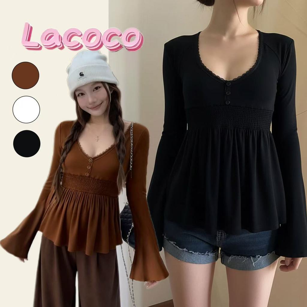 Lacoco🍓คลังสินค้าพร้อม🍓เสื้อยืดคอวีแขนยาวแต่งขอบลูกไม้สำหรับผู้หญิง ใช้งานได้หลากหลาย เอวจับจีบ เสื้อชั้นในเข้ารูป