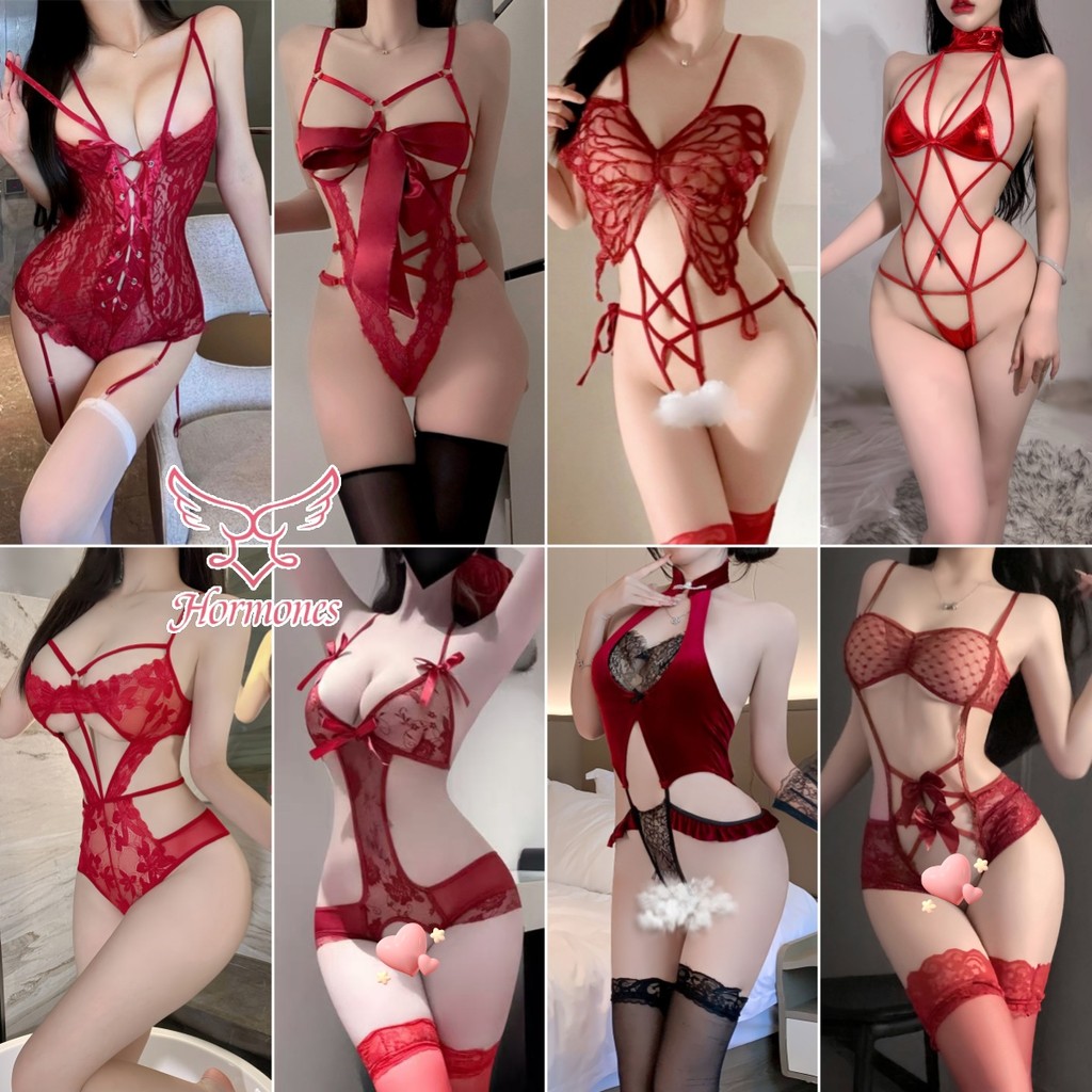 Hormones💖💖sexy onesies สีแดง สายเอี๊ยม ชุดนอน มีให้เลือกหลายสไตล์ ด้านข้าง การออกแบบแบบกลวง ผ้าใส่สบาย