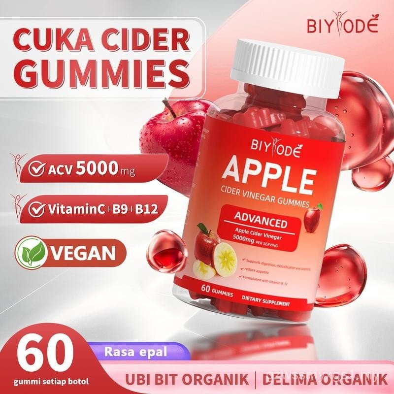 BIYODE Apple Cider Vinegar Gummies 5000mg ต่อเสิร์ฟวิตามิน B9 วิตามิน B12 อาหารเสริม 60 Gummies รสแอ