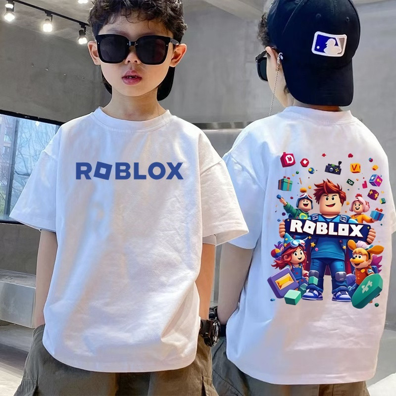 【100%Cotton】KKTCOD Childrens Shirt Pure Cotton ROBLOX Cartoon T-shirt Unisex Loose Top