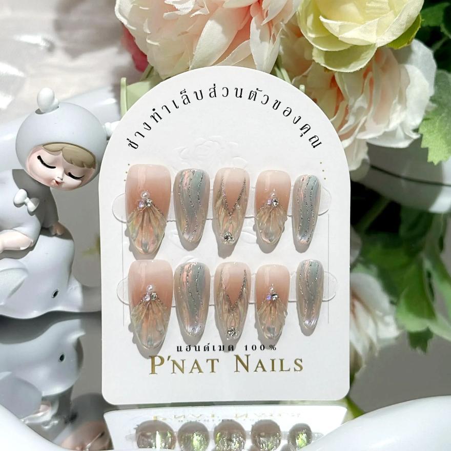 A360 P'Nat เล็บปลอมเจลแท้แฮนด์เมด ไล่สีออมเบร สีพีชออมเบร พลอยเทียม หรูหรา ใช้ซ้ำได้ ติดทน ชุดอุปกรณ์*1 ทําเล็บ