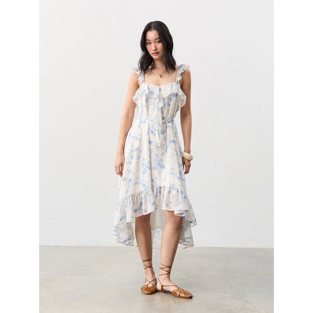 [Pomelo] เดรสลายดอกไม้แต่งระบาย / Ruffled Floral Dress