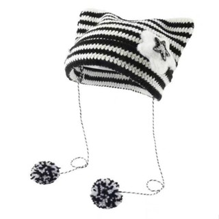 บีนนี่ หมวกหูแมวสไตล์Y2K ถักลายทาง ฤดูหนาวสำหรับผู้หญิง หมวก…