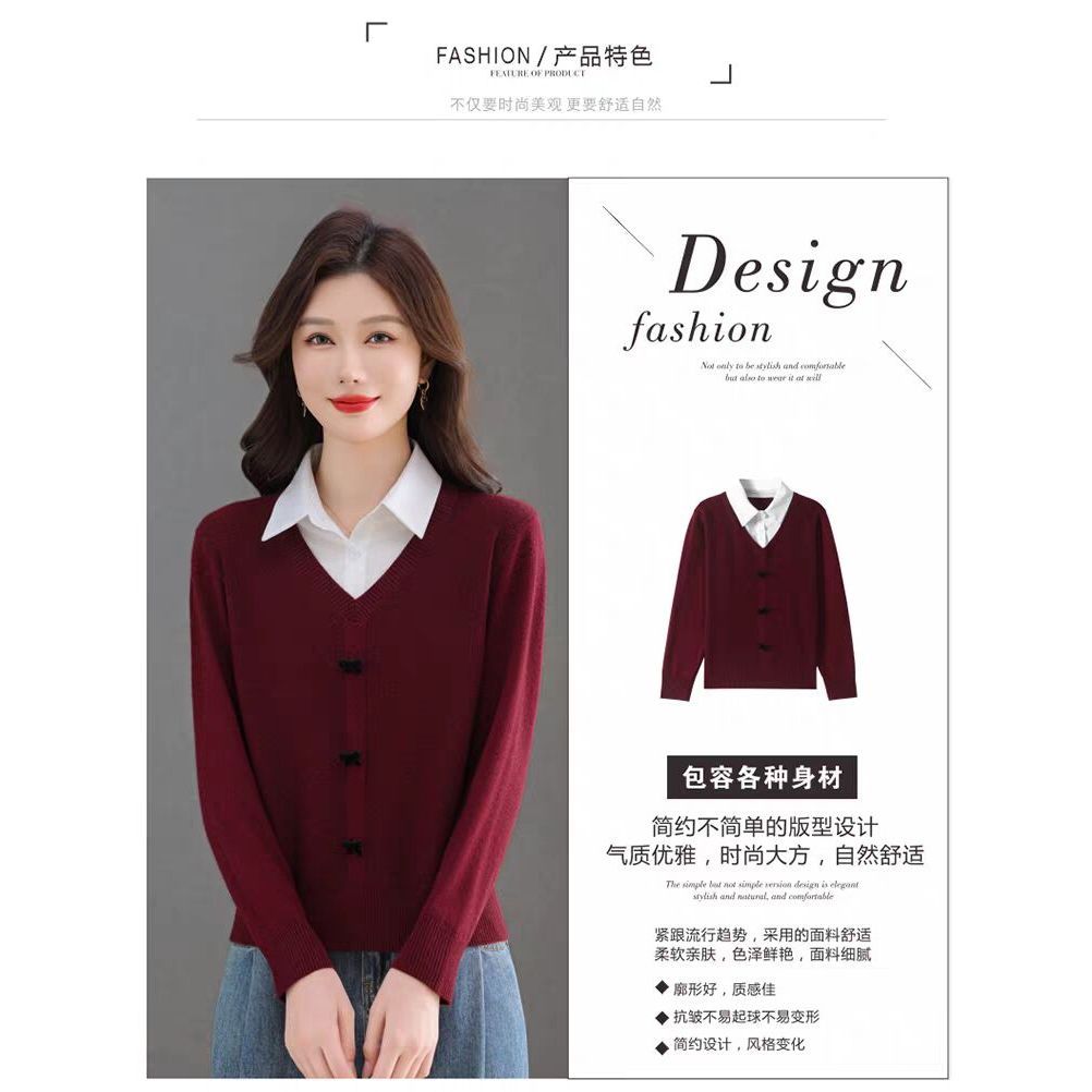 เสื้อยืดถักแขนยาวผู้หญิงเสื้อกันหนาวหลวมปลอมสองชิ้นเสื้อคอเกาหลีสําหรับการเดินทางที่เรียบง่ายเสื้อท็อป - รูปที่ 6