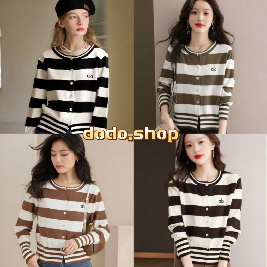 DoDo*พร้อมส่ง*เสื้อคลุมไหมพรมแขนยาว คอกลม กระดุมหน้า ลายทางน่ารัก(A680)