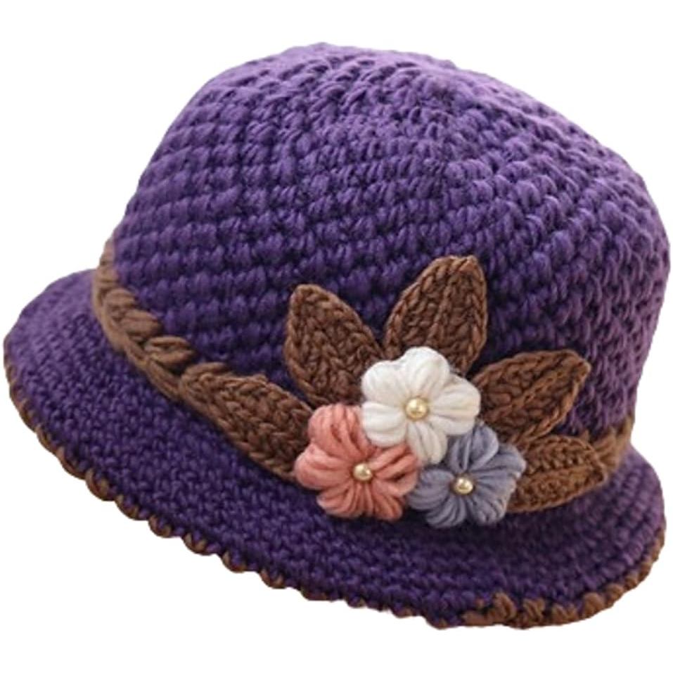 Flower Knit Crochet Fuzzy Bucket Hat Women Winter Warm Beanies Hat Furry Plush Faux Fur Fishing Skul