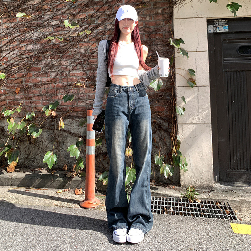 jinn jeans กางเกงยีนส์ขายาว กางเกงขากว้างขากว้างขาตรงเอวสูงทรงหลวมสไตล์อเมริกันวินเทจสำหรับผู้หญิงฤด