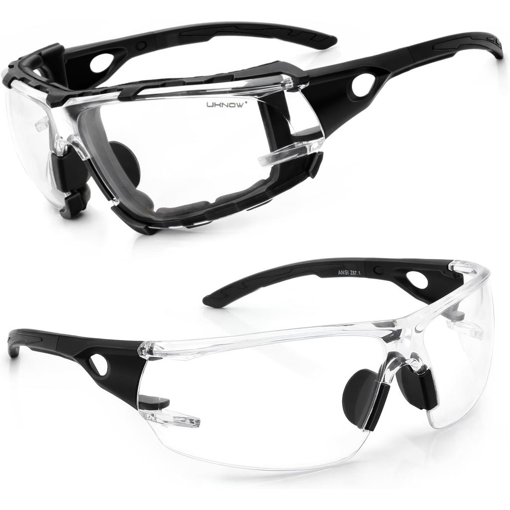 UKNOW แว่นตานิรภัยแบบโฟโตโครมิก, เลนส์ห่อกันรอยขีดข่วน, ปะเก็นโฟมแบบถอดได้, ANSI Z87.1 แว่นตาป้องกัน