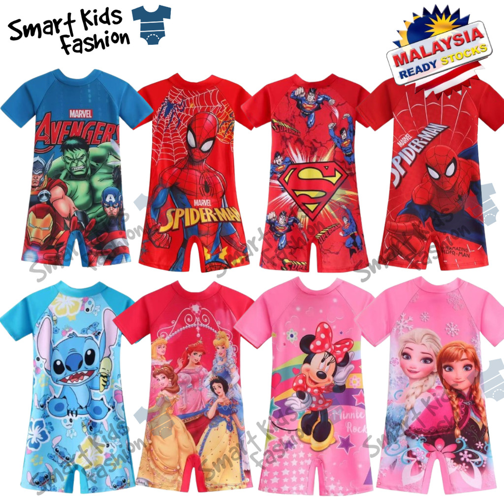 (2-9Y)Kid BOY Superhero /GIRL Kuromi Melody Elsa Anna Frozen Stitch Mermaid Minnie Swim ชุดว่ายน้ําเ