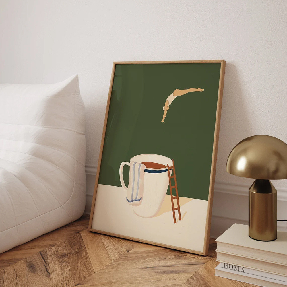 Chic Coffee Diver Canvas Art Print - Modern Unframed Wall Decor for Kitchen, ห้องนอน, ห้องนั่งเล่น & ห้องน้ํา - ของขวัญที่สมบูรณ์แบบสําหรับคนรักกาแฟ, บ้านอินเทรนด์ Accent ชิ้น