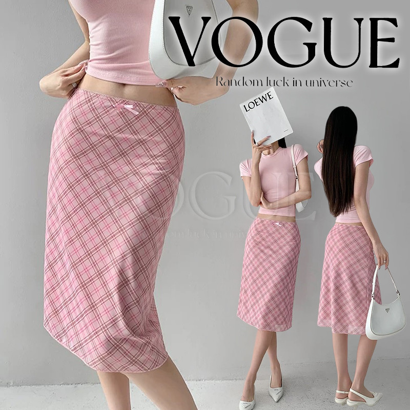 Vogue🌟พร้อมส่ง🌟 กระโปรงลายสก็อตสีชมพู หวานๆ ใส่สบายยืดพอดี (FY5073#1)