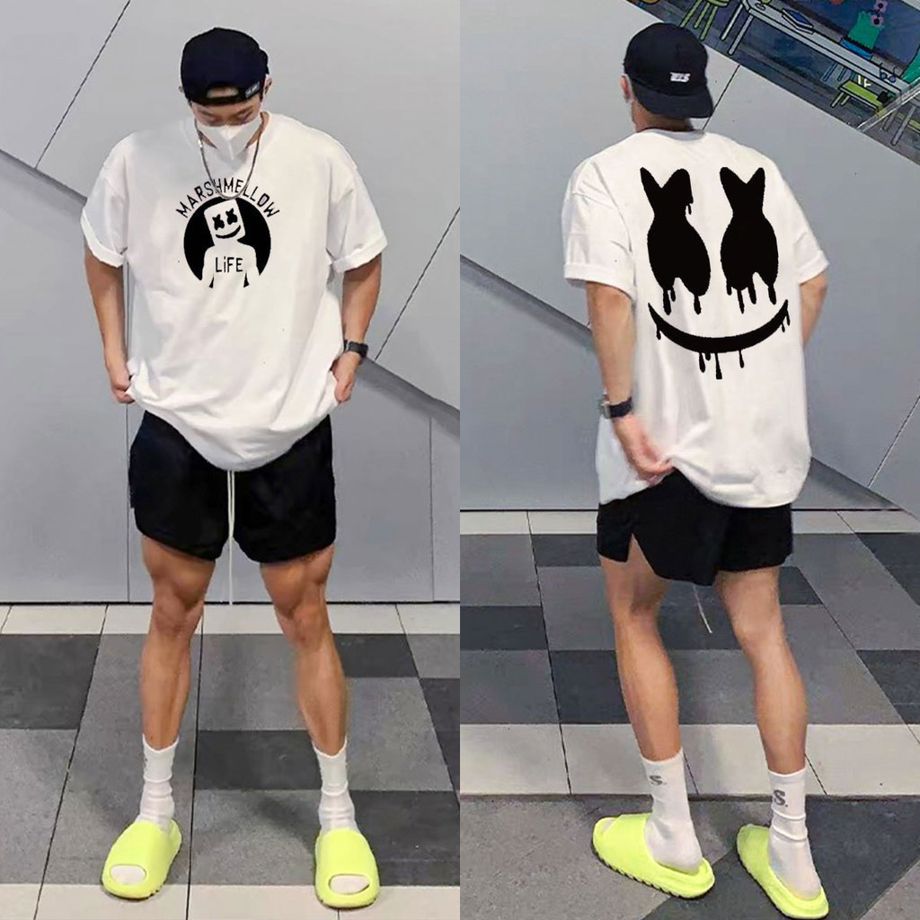 (ผ้าฝ้าย 100%)Luvoro oversize unisex เนื้อผ้านุ่มระบายแขนสั้น T-shirt สีดำและสีขาว เสื้อยืดทูโทน เสื้อยืดแขนสั้น C1801