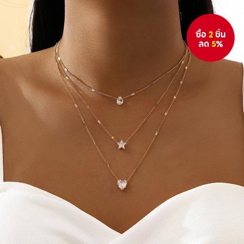 สร้อยคอจี้หลายชั้นอเมริกันยุโรปหญิง Retro Five-Pointed Star Love Water Drop Clavicle Cha