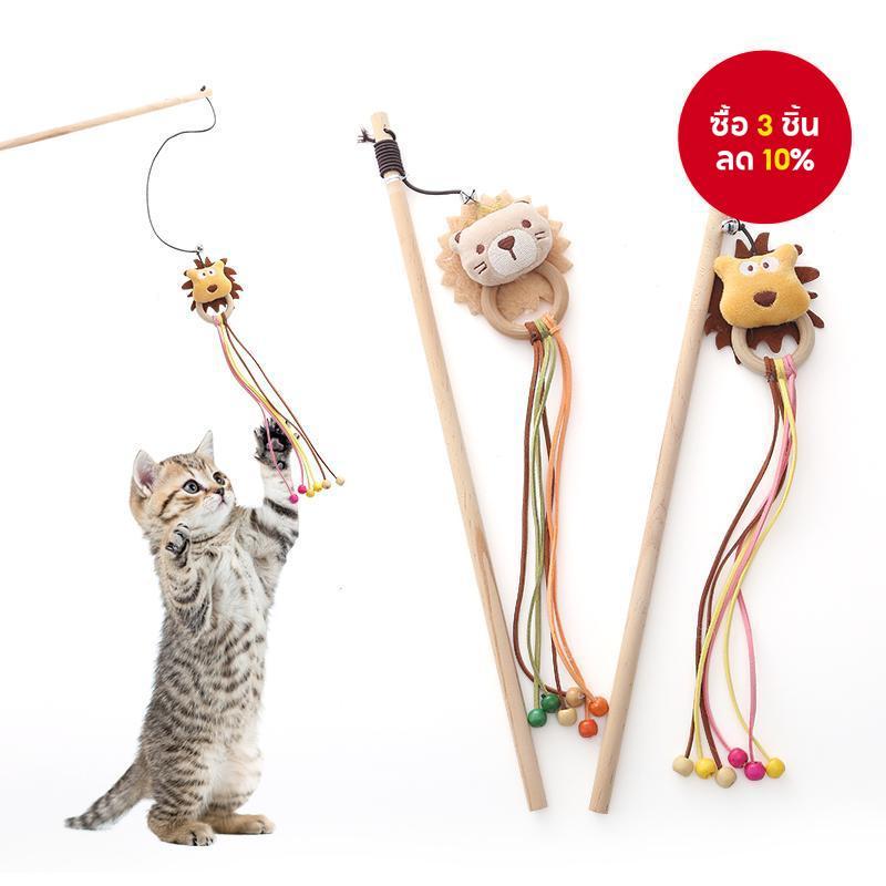ของเล ่ นแมวเสาไม ้ Lion Teasing Cat Stick พร ้ อม Bell Interactive Play Pet Supplies