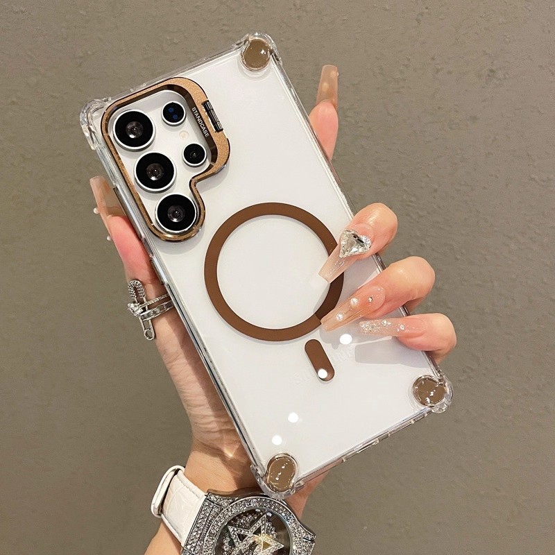หรูหราสี่มุมถุงลมนิรภัย Drop-resistant โลหะ Flip Bracket เคสโทรศัพท์แม่เหล็กสําหรับ Samsung Galaxy S22 S23 S24 S25 Ultra S25 S24 Plus S23FE S24FE กันกระแทกฝาครอบโปร่งใส