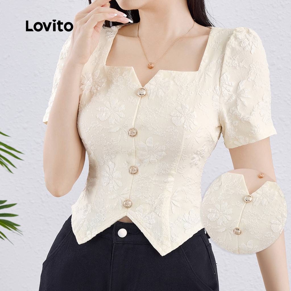 Lovito เสื้อลําลองปุ่มตัดฤดูใบไม้ผลิ/ฤดูร้อนปิดเสื้อเชิ้ตสีขาวสําหรับผู้หญิง L138AD1249