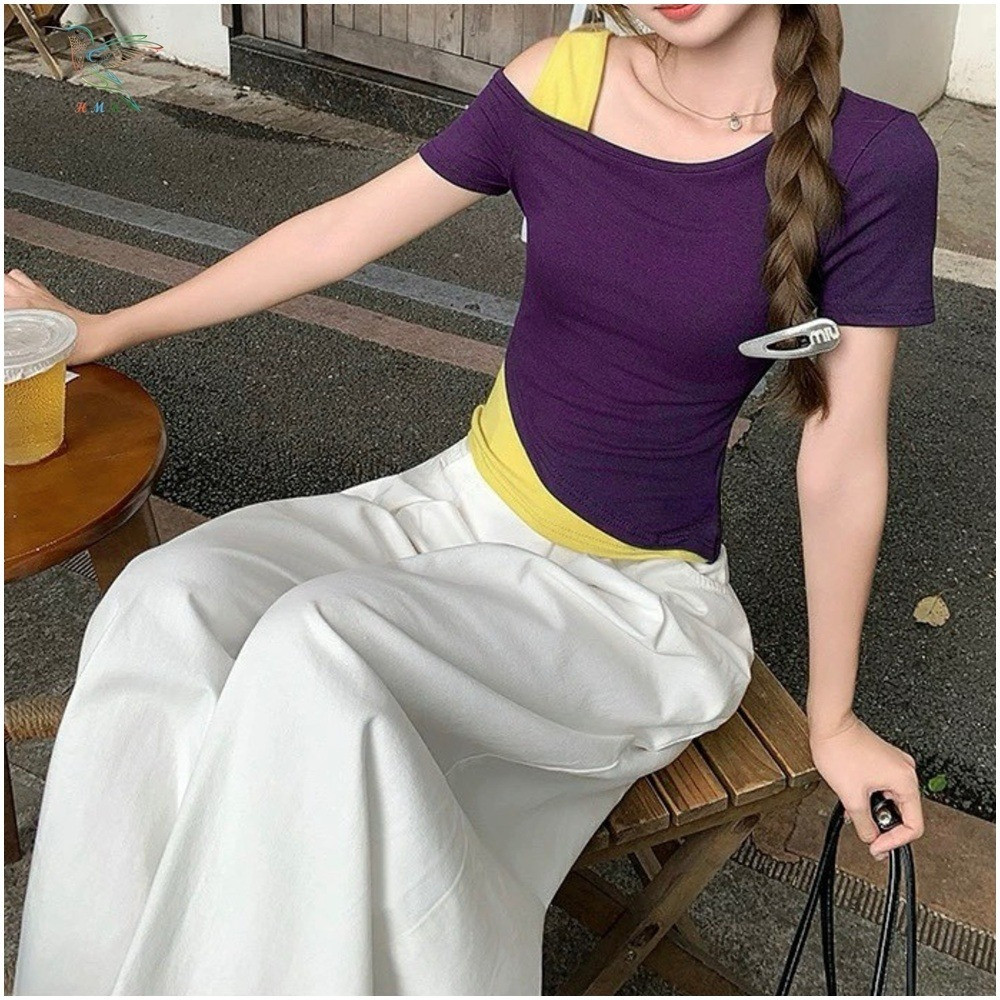 HMB® เสื้อยืดแฟชั่น แขนสั้น เปิดไหล่ แต่งสีทูโทน ผ้าคอตตอนผสม เนื้อผ้านิ่ม ดีไซน์ทรงเข้ารูป ทรงสวยแมทช์ง่าย t323# - รูปที่ 7