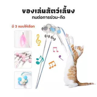 ของเล่นแมว ไม้ตกแมว กระดิ่งกำหนดค่าหัว ปอมปอมเนื้อนุ่ม มีความยืดหยุ่น และทนต่อการกัด ไม้ล่อแมว หลายสี