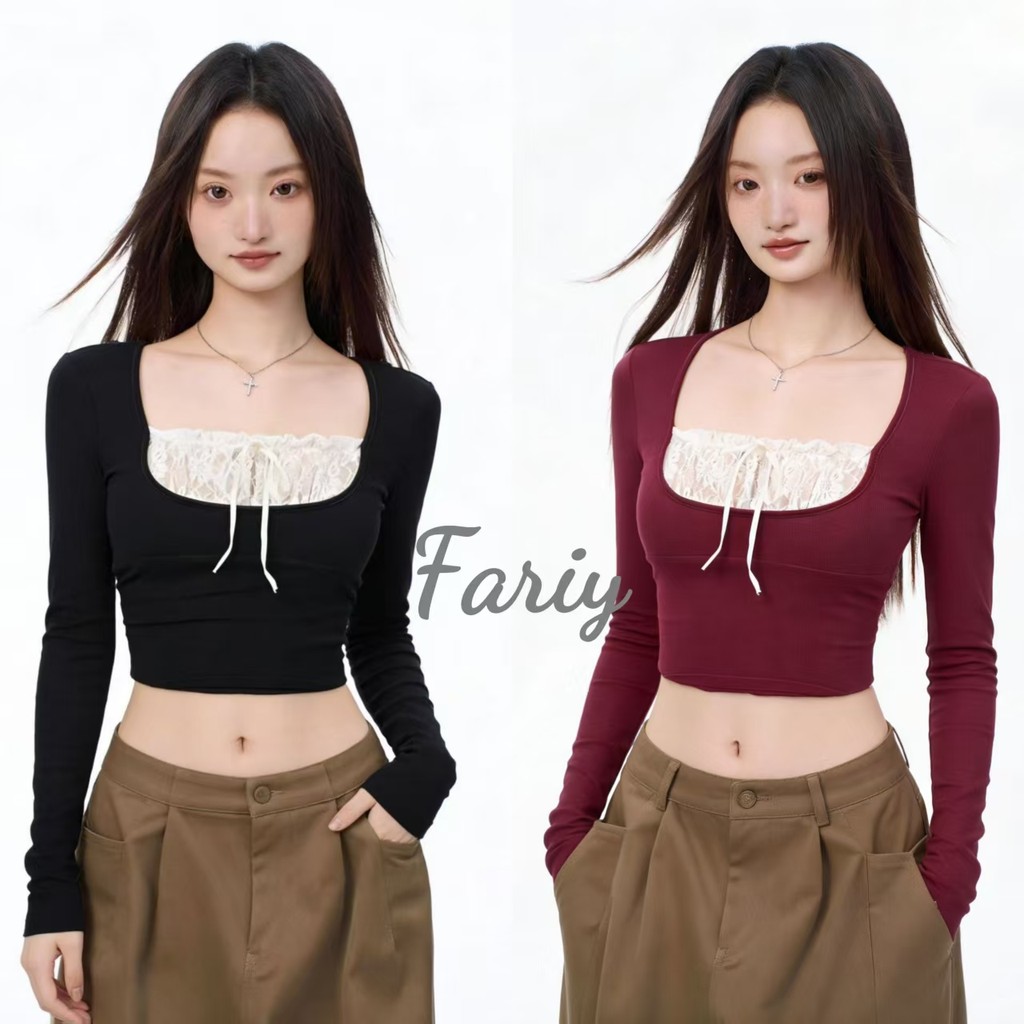 Fariy🍒คลังสินค้าพร้อม🍒 เสื้อแขนสั้นทรงเข้ารูปแต่งขอบลูกไม้สีสันสดใสที่น่าดึงดูดใจสำหรับผู้หญิง เหมาะสำหรับฤดูใบไม้ผลิและฤดูร้อน เหมาะสำหรับการสวมทับหรือใส่เดี่ยวๆ ในสไตล์โลลิต้า