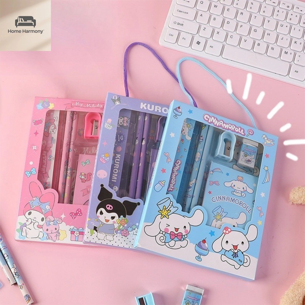 A00117  ชุด 6 ชิ้นเครื่องเขียนลายการ์ตูนดินสอไม้กบเหลาดินสอยางลบไม้บรรทัดกระดาษโน้ต