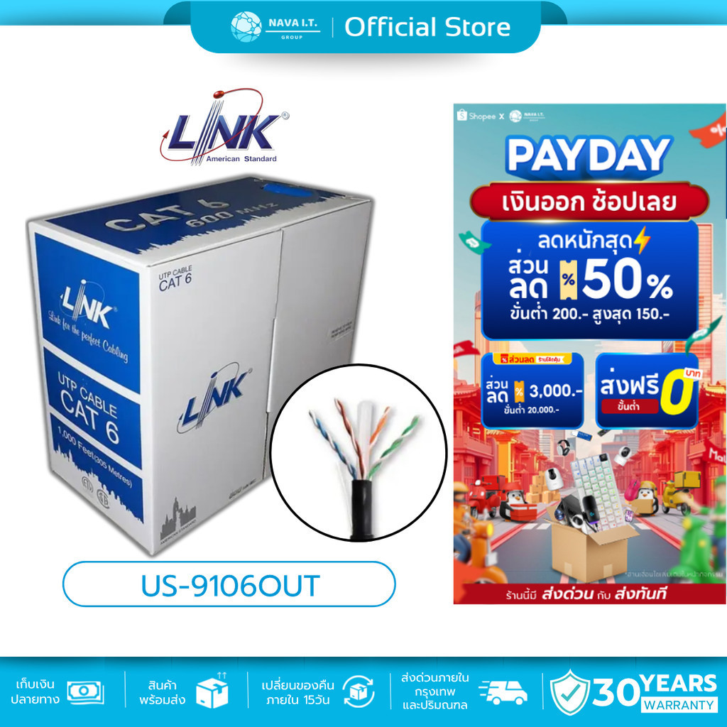 🛵มีส่งด่วน💨 LINK US-9106OUT OUTDOOR CAT6 UTP CABLE (305M/BOX) รับประกัน 30ปี