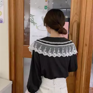 Red Berryเสื้อเชิ้ตแขนยาวลำลองฤดูใบไม้ร่วง ทรงหลวม สไตล์นักเรียน พร้อมผ้าคลุมขอบลูกไม้W685