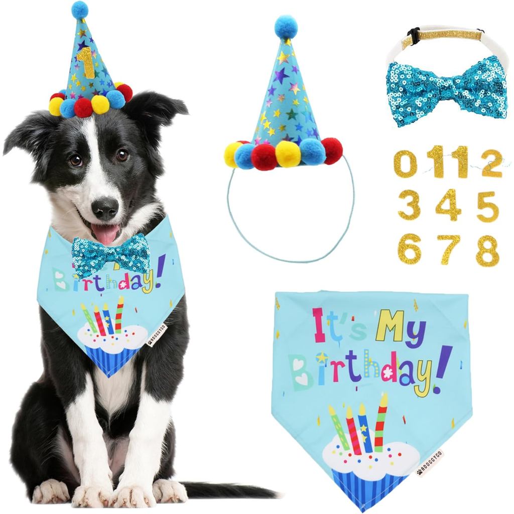 ADOGGYGO Dog Birthday Bandana Scarf and Blue Boy Pet Birthday Party Hat with Cute Bow Tie for Medium